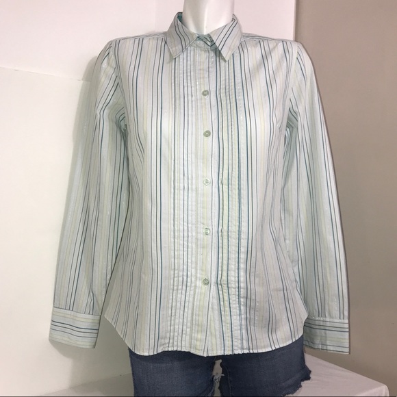 New York &Company Sky Blue Striped Buttoned Blouse - Picture 1 of 8